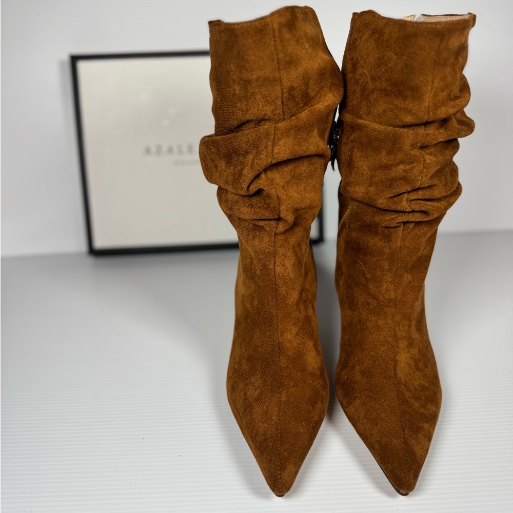 Azalea Wang Asaf Tan Slouch Wedge BootsSuede Pointed Toe Ankle Boot multiple Sz - Picture 3 of 7